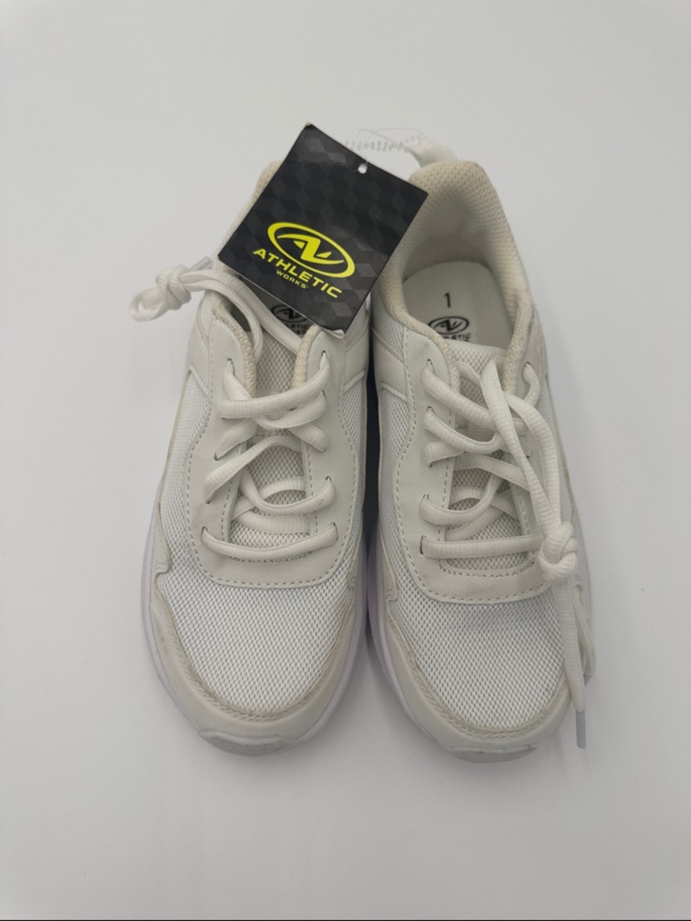 Athletic Works Kids White Mesh Lace-Up Sneakers with Neon Logo Tag